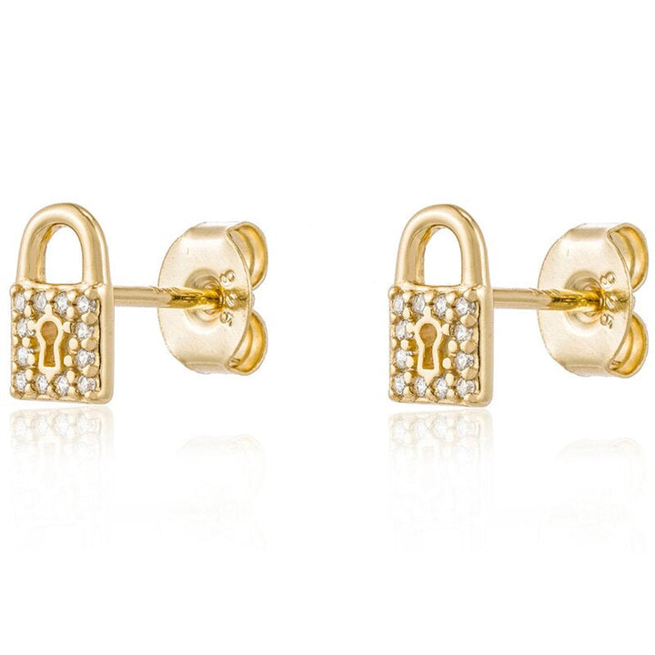 Yellow Gold Lock & Key Pave Stud Earrings