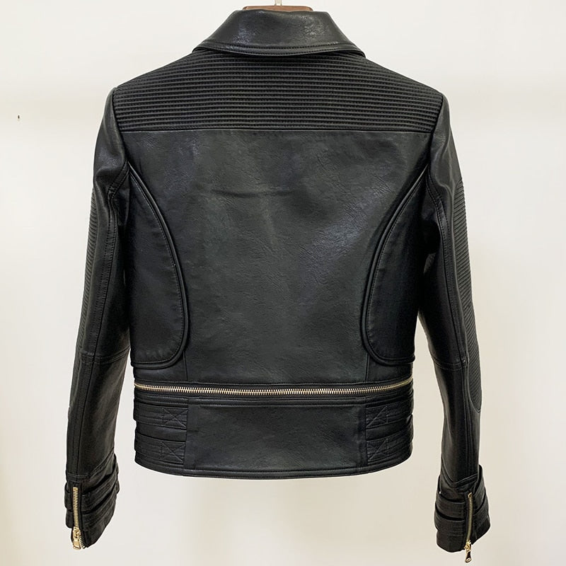 Schwarze abnehmbare Bikerjacke aus Leder mit goldenen Knöpfen