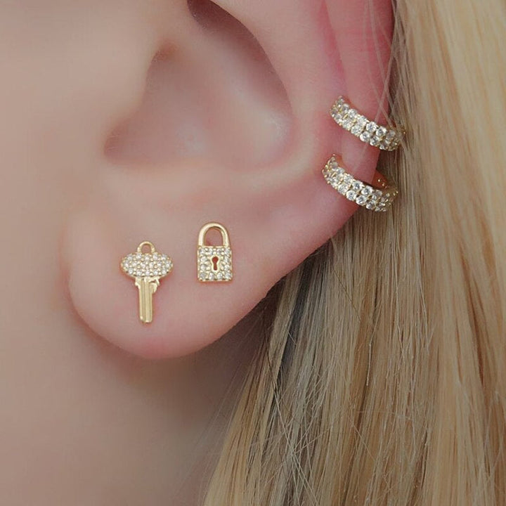 Yellow Gold Lock & Key Pave Stud Earrings