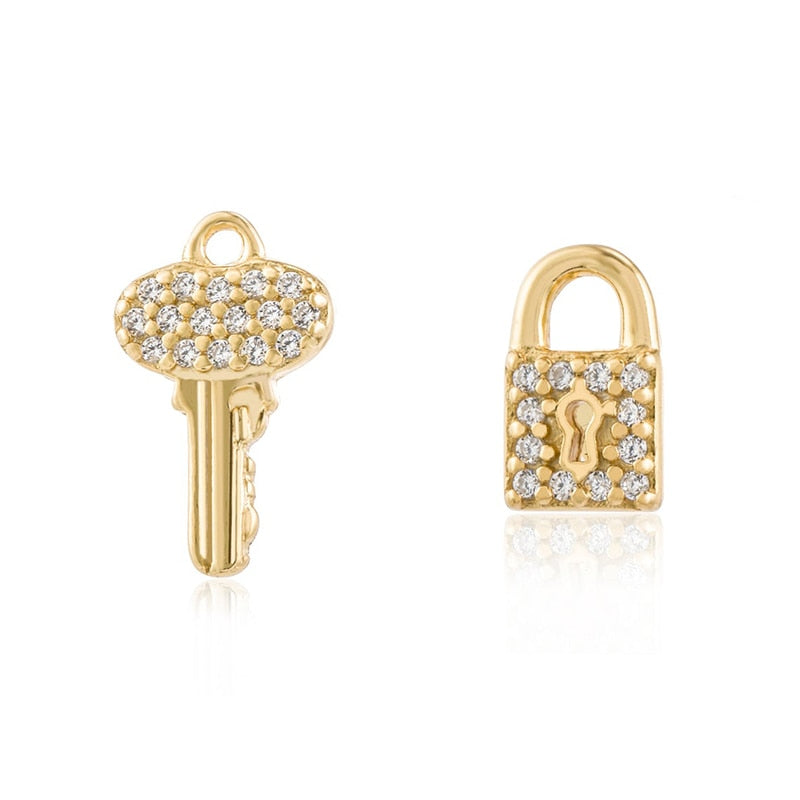 Yellow Gold Lock & Key Pave Stud Earrings