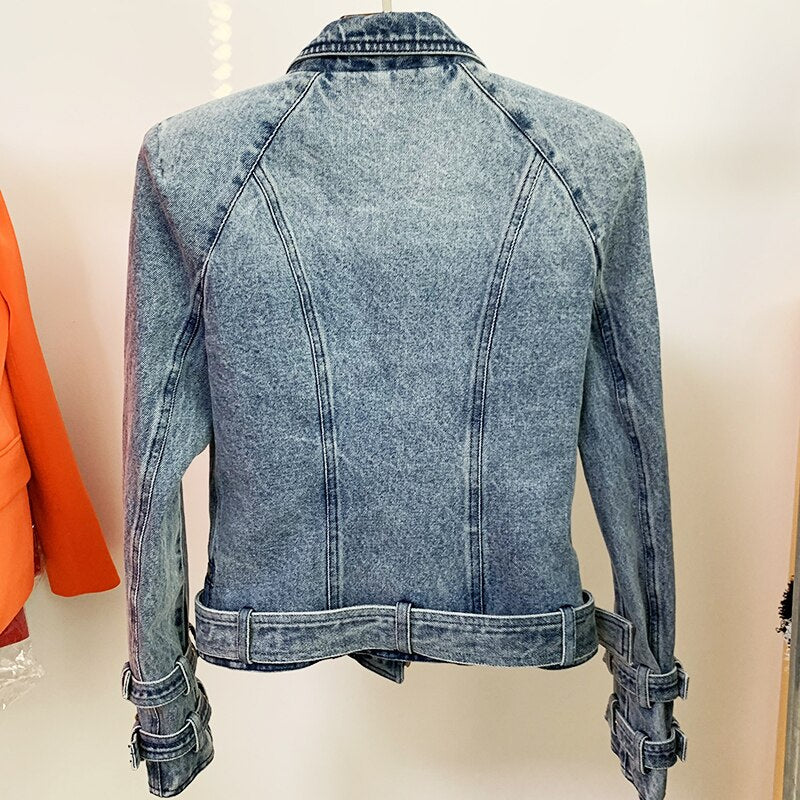 Denim Gold Knopf Biker Jacke