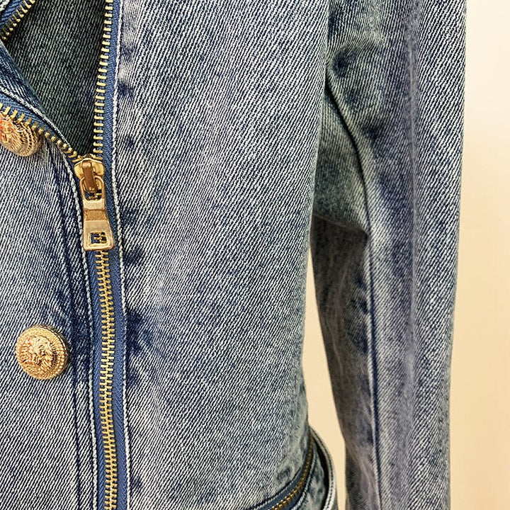 Denim Gold Knopf Biker Jacke