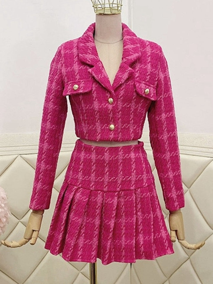 Rosa Cropped Tweed Jacke & Faltenrock Set