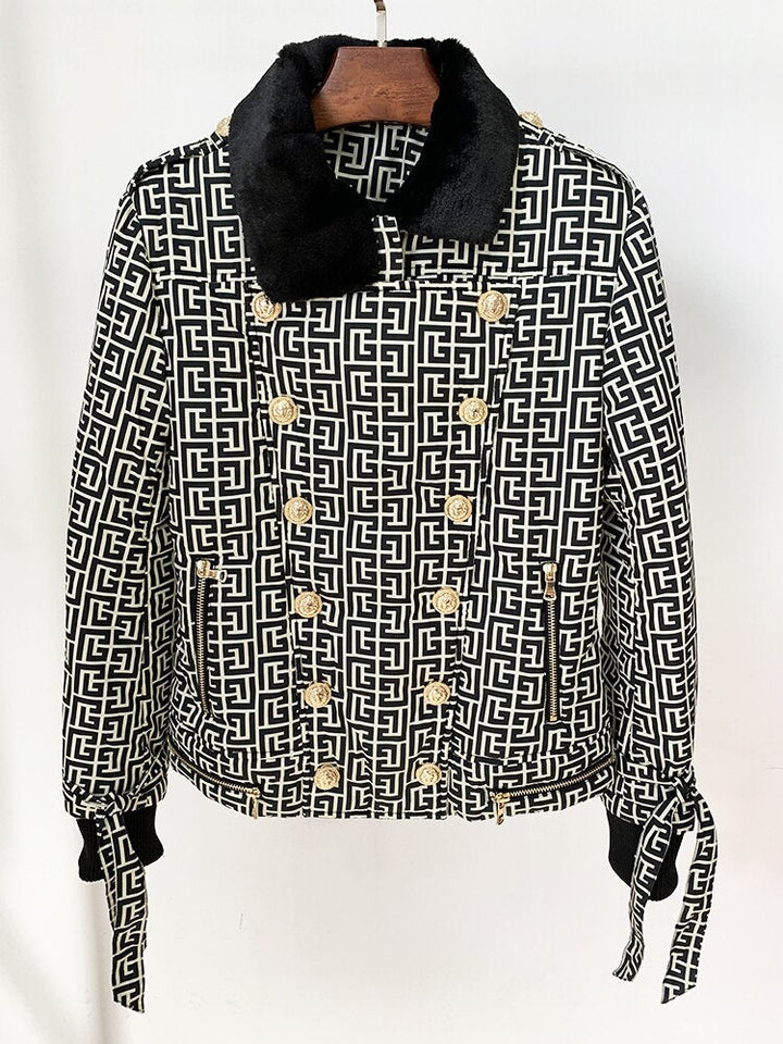 Goldfarbene Jacquard-Knopf-Pufferjacke mit Pelzkragen