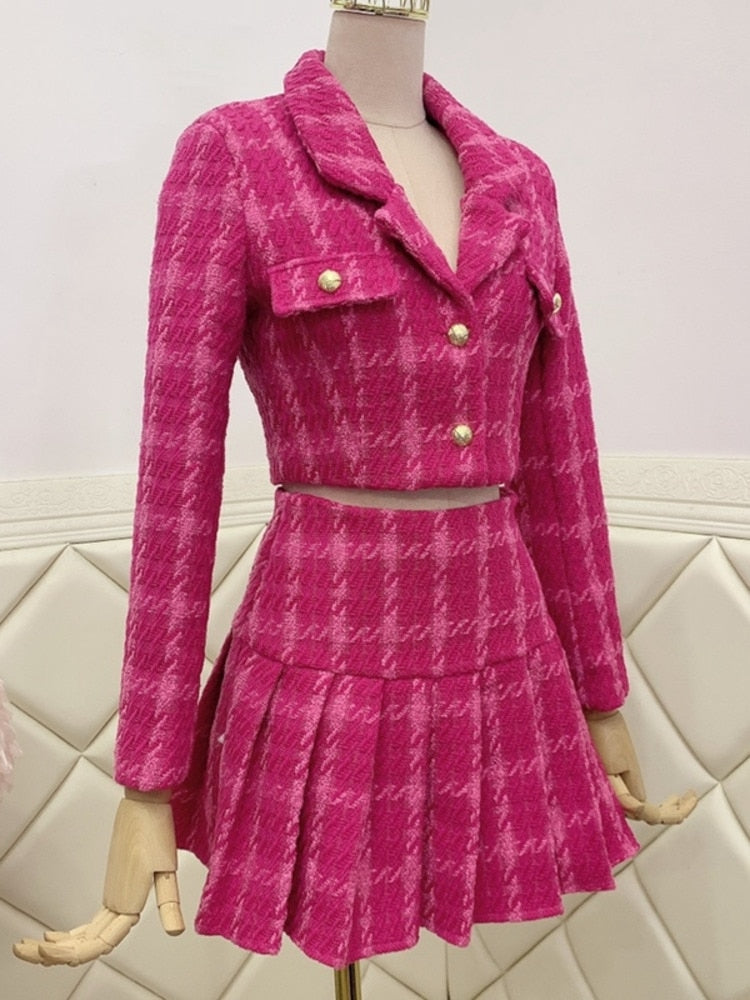 Rosa Cropped Tweed Jacke & Faltenrock Set