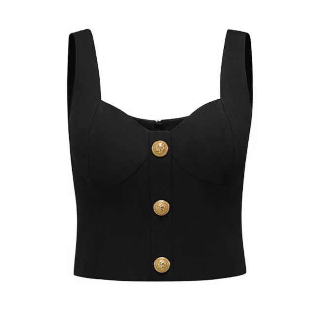 Schwarzer Goldknopf 2 Stück Cropped Top & Rock Set