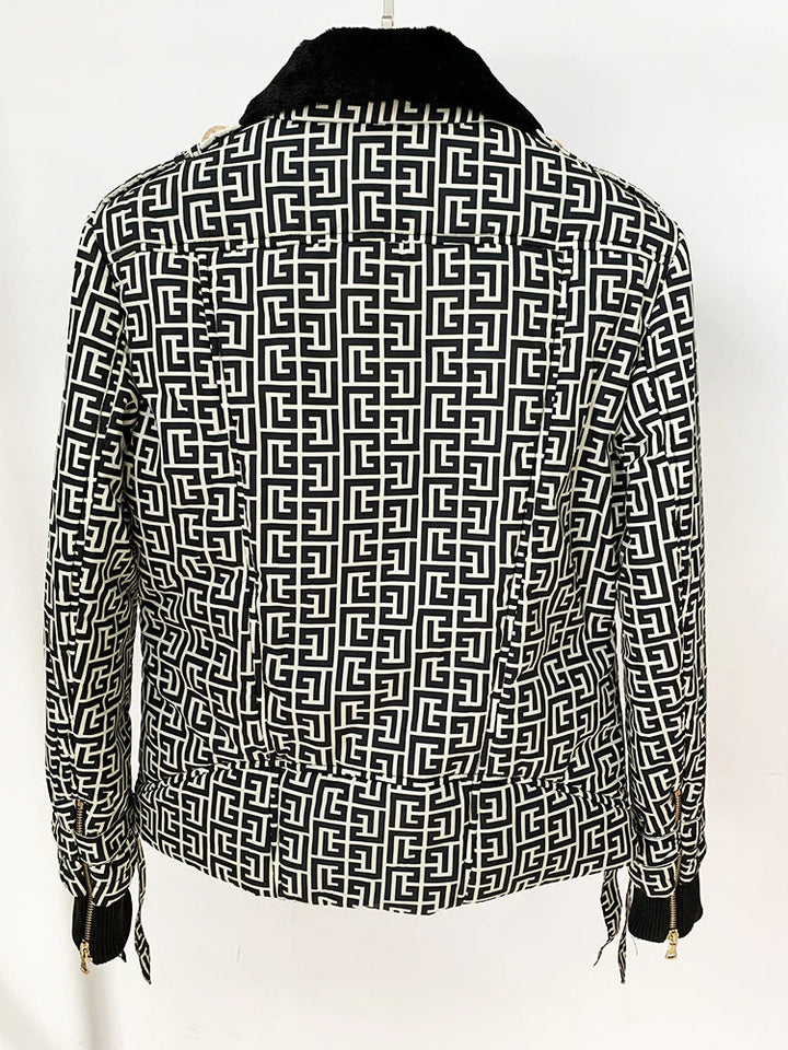 Goldfarbene Jacquard-Knopf-Pufferjacke mit Pelzkragen