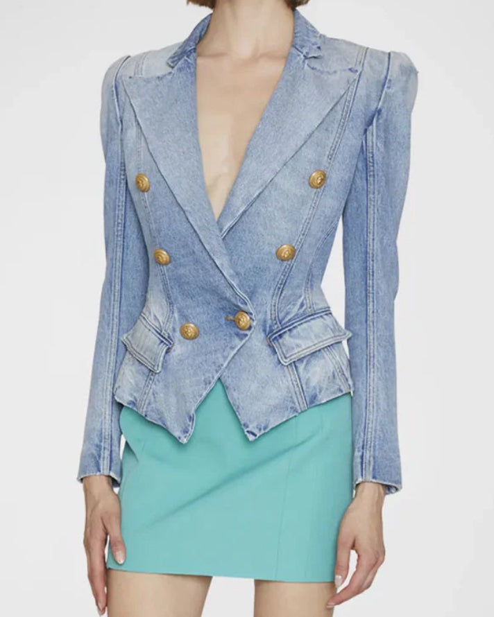 Denim Peak Revers Zweireihig Gold Knopf Blazer