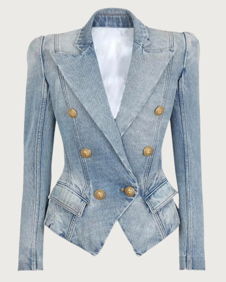 Denim Peak Revers Zweireihig Gold Knopf Blazer