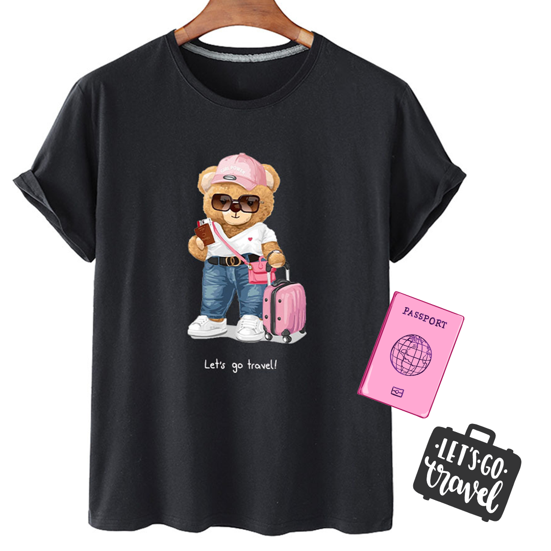 „Lets Go Travel“ Stylisches Bärchen Kurzarm-Grafik-T-Shirt