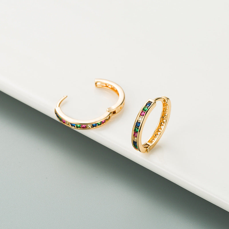 Yellow Gold Rainbow Pave Mini Huggie Hoop Earrings