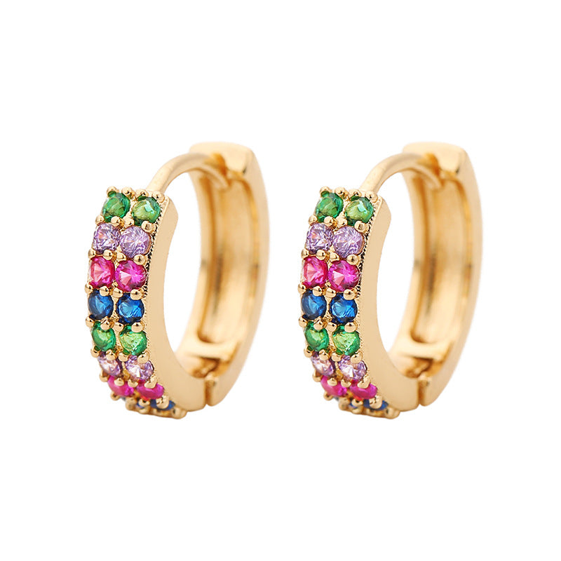 Yellow Gold Rainbow Double Pave Mini Huggie Hoop Earrings