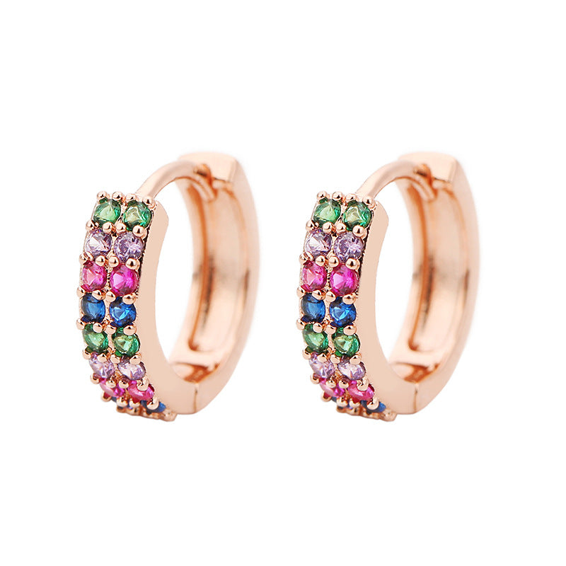 Rose Gold Rainbow Double Pave Mini Huggie Hoop Earrings