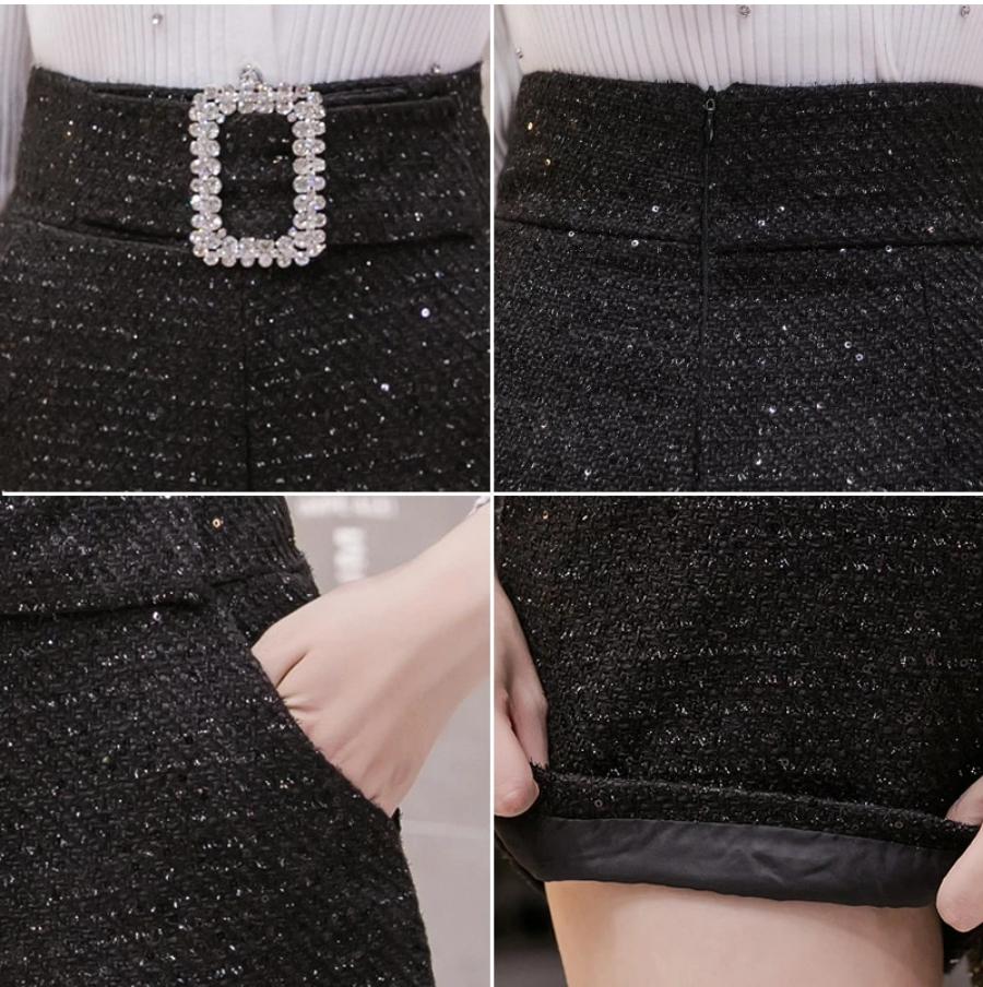 Black Tweed High Waisted Shorts With Crystal Belt