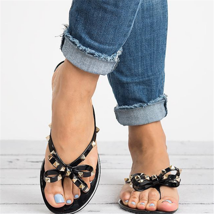 Gold Studded Bow Jelly Thong Sandal