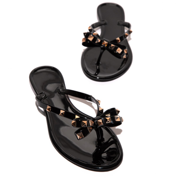 Gold Studded Bow Jelly Thong Sandal