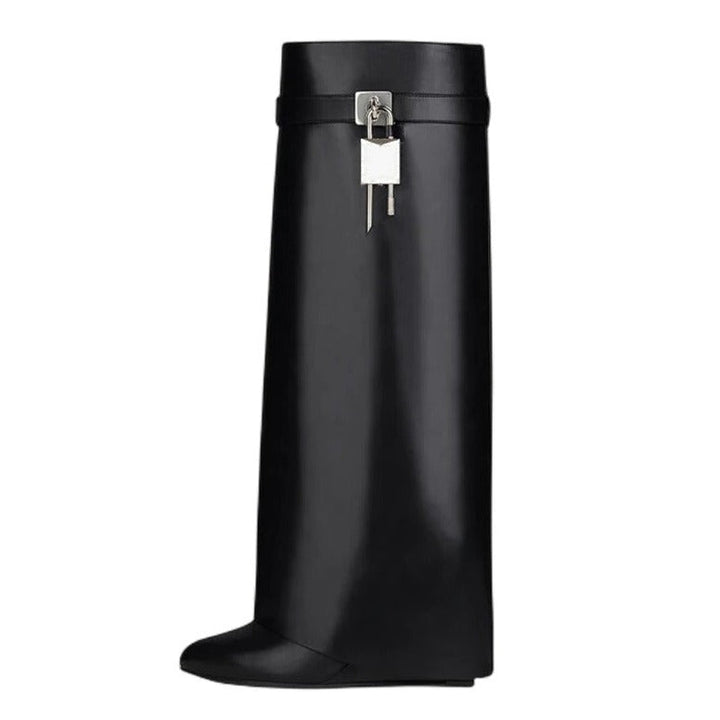 Schwarze Leder Shark Lock Stiefel