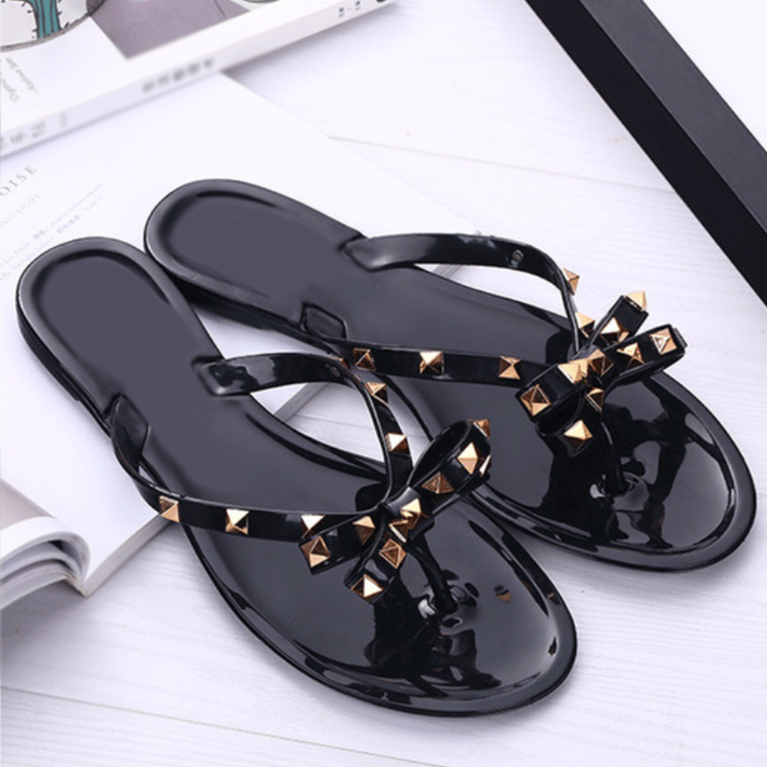 Gold Studded Bow Jelly Thong Sandal