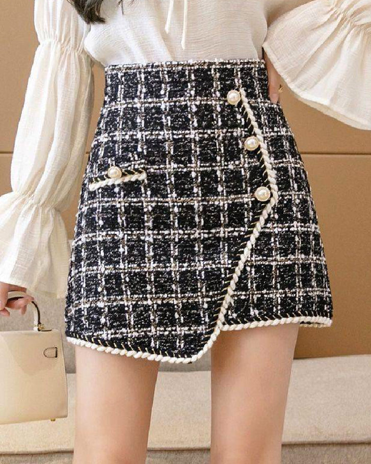 Tweed High Waisted Pearl Button Skirt