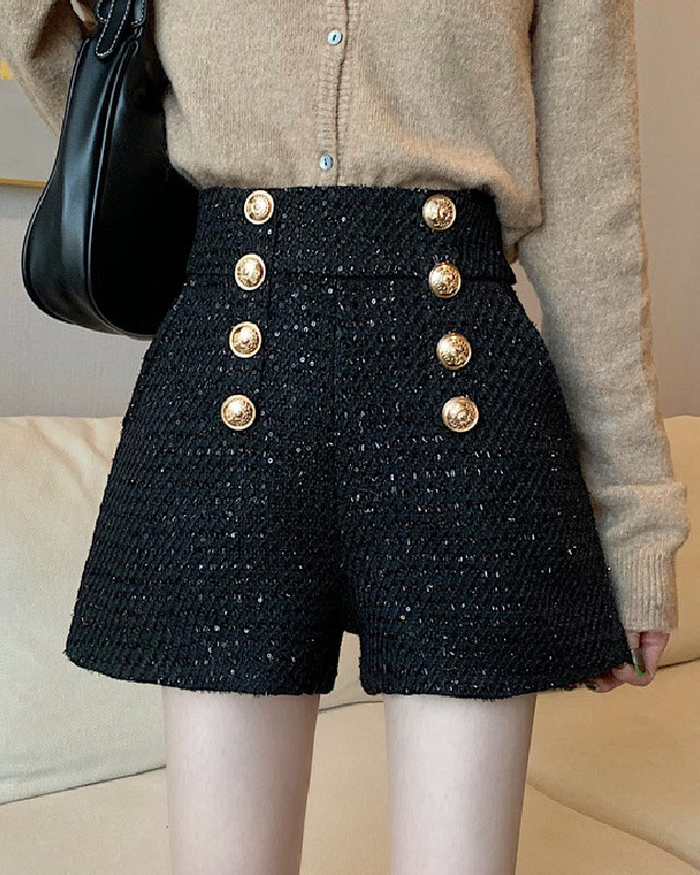 Sequin Tweed High Waisted Gold Button Shorts