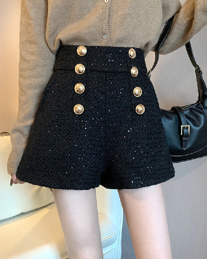 Sequin Tweed High Waisted Gold Button Shorts