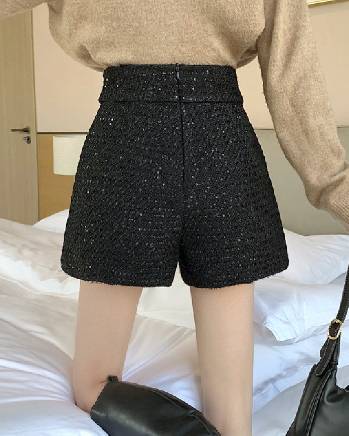 Sequin Tweed High Waisted Gold Button Shorts