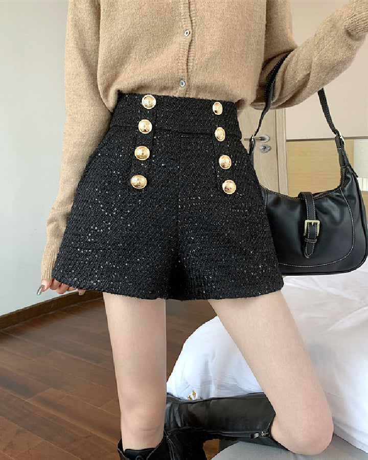 Sequin Tweed High Waisted Gold Button Shorts