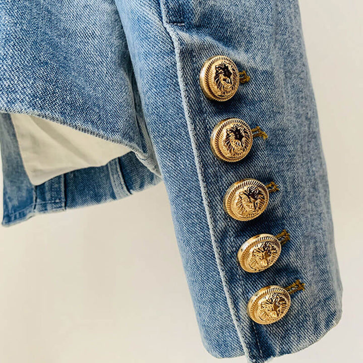 Denim Peak Revers Zweireihig Gold Knopf Blazer