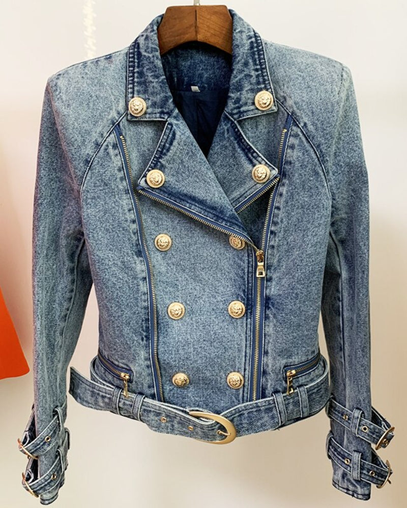 Denim Gold Knopf Biker Jacke