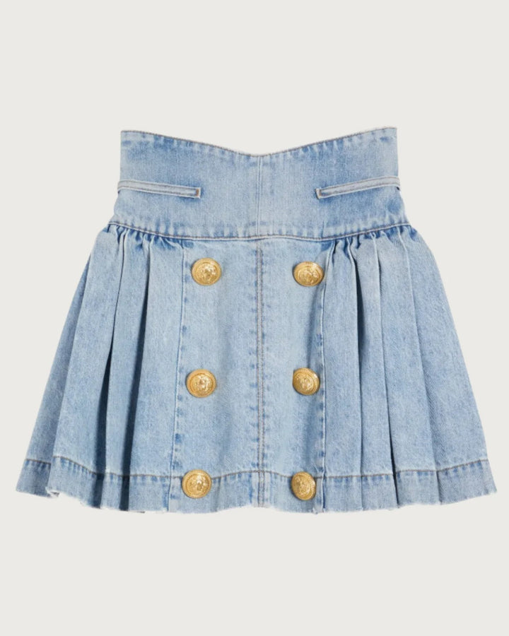 Denim Gold Button Pleated Skirt