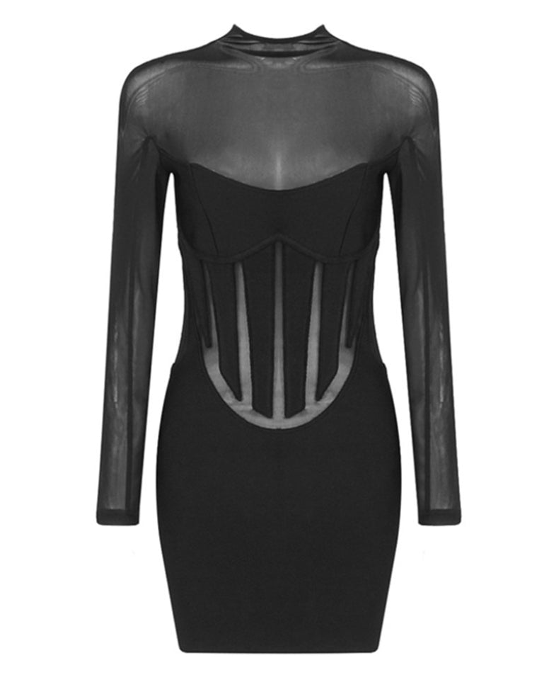 Schwarzes durchsichtiges, hochgeschlossenes, formendes, langärmeliges Minikleid