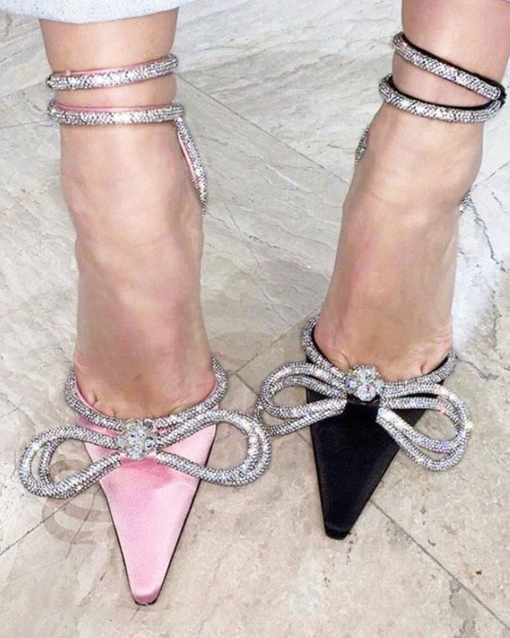 Double Bow Crystal Embellished Satin Pointed Toe Heels