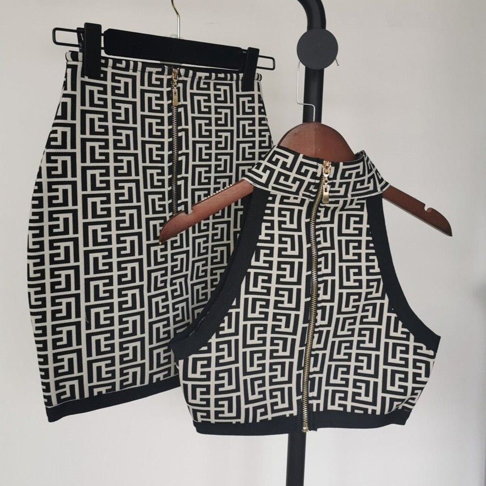 Schwarz-weißes Jacquard-Crop-Top & Rock-Set