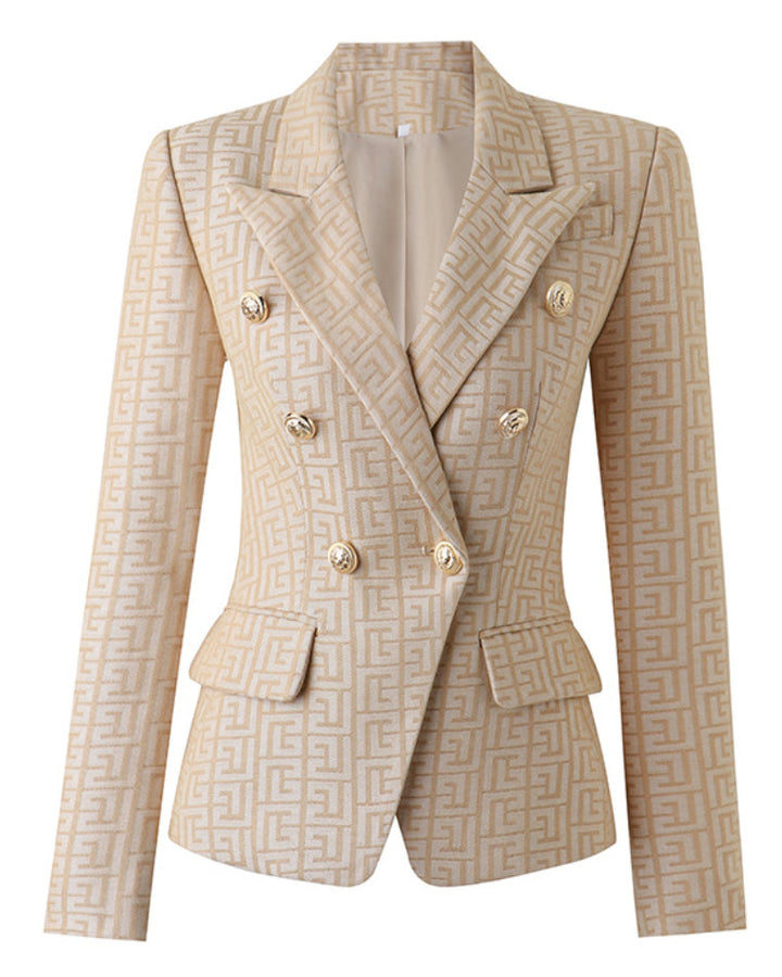 Khaki Bestickter Jacquard Blazer mit goldenen Knöpfen