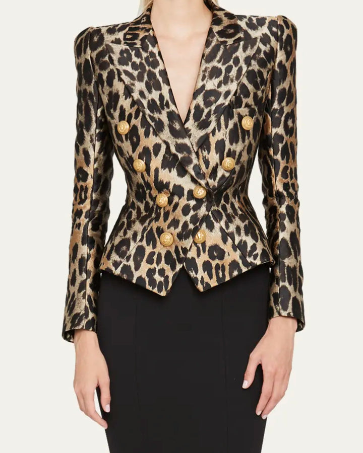 Leopard Zweireihiger Blazer mit goldenen Knöpfen