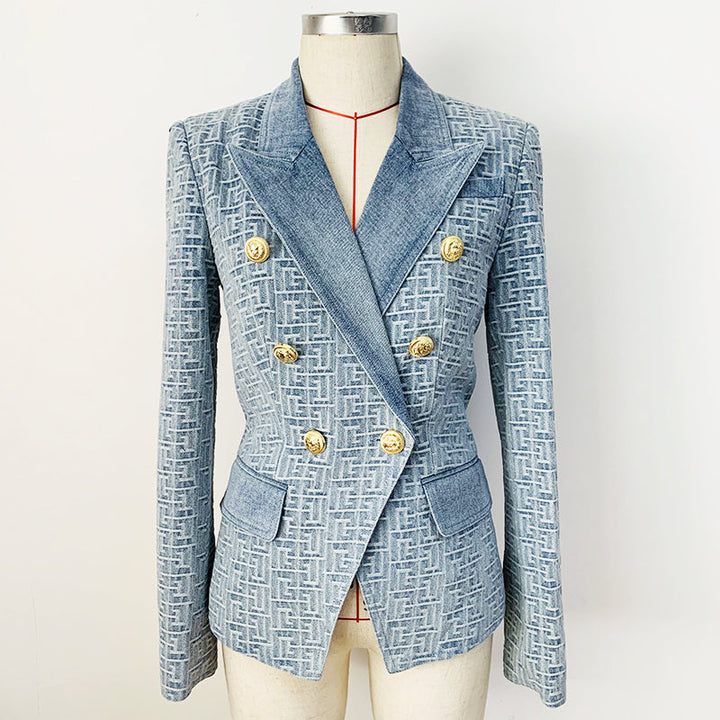 Denim-Jacquard-Blazer mit goldenen Knöpfen und Doppelreihern