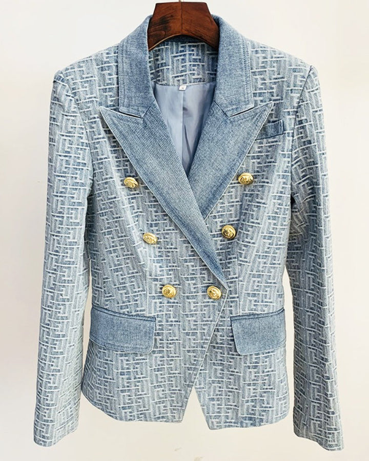 Denim-Jacquard-Blazer mit goldenen Knöpfen und Doppelreihern