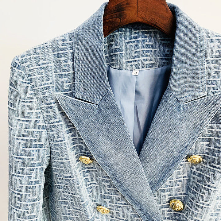 Denim-Jacquard-Blazer mit goldenen Knöpfen und Doppelreihern