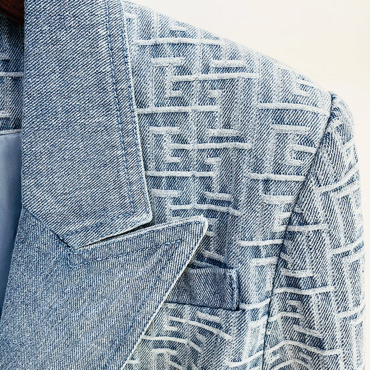 Denim-Jacquard-Blazer mit goldenen Knöpfen und Doppelreihern