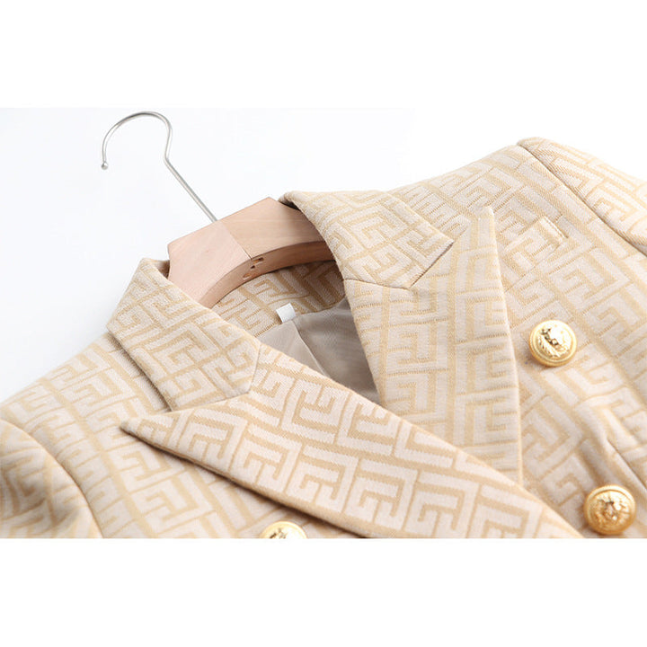 Khaki Bestickter Jacquard Blazer mit goldenen Knöpfen