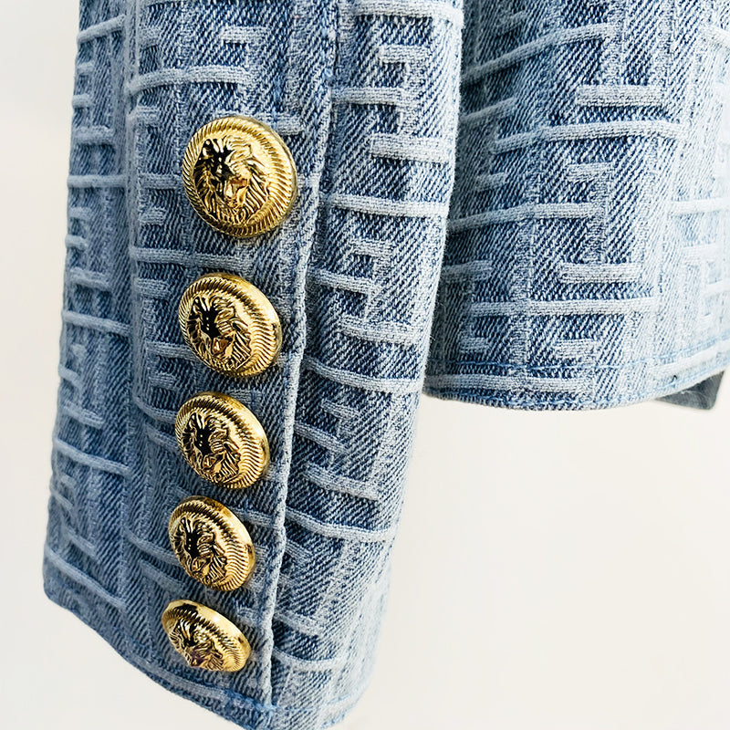 Denim-Jacquard-Blazer mit goldenen Knöpfen und Doppelreihern