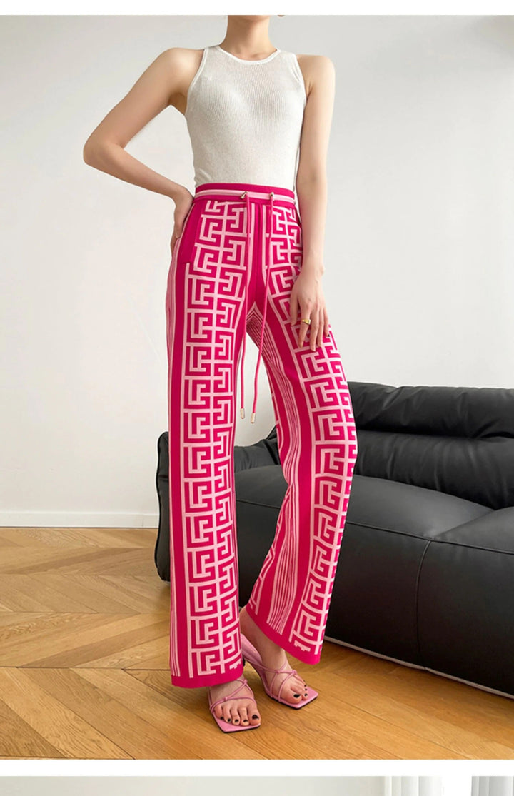 Pink Jacquard Monogram Knit Drawstring Pants