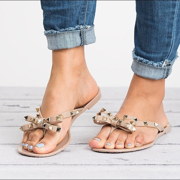 Gold Studded Bow Jelly Thong Sandal