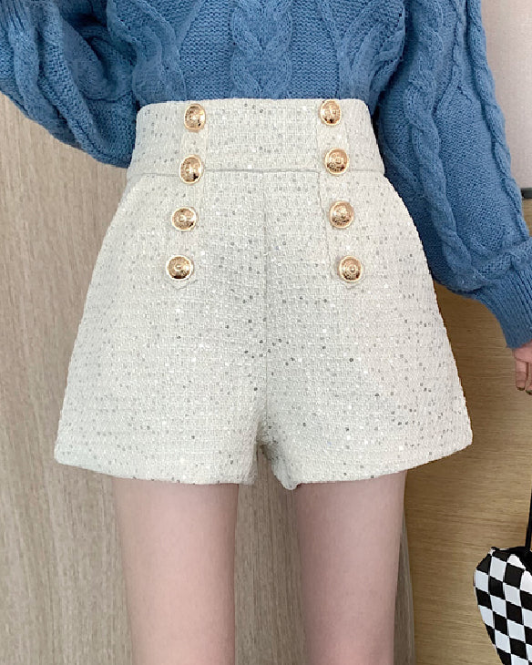 Sequin Tweed High Waisted Gold Button Shorts