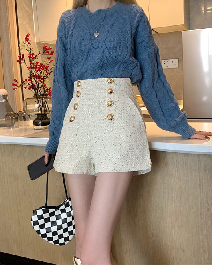 Sequin Tweed High Waisted Gold Button Shorts