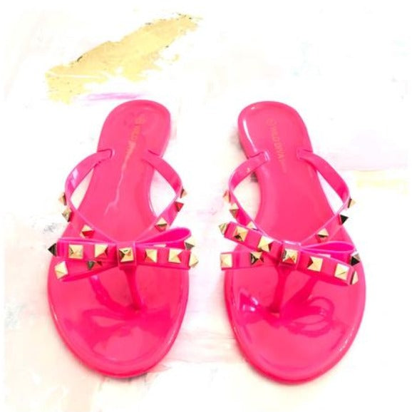 Gold Studded Bow Jelly Thong Sandal