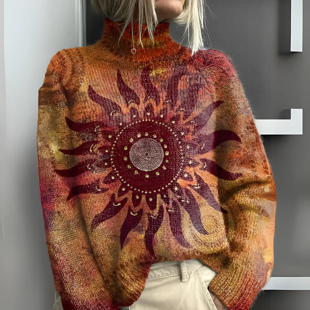 Eline - Warmer Strickrollkragenpullover mit tribal Sonnenmotiv