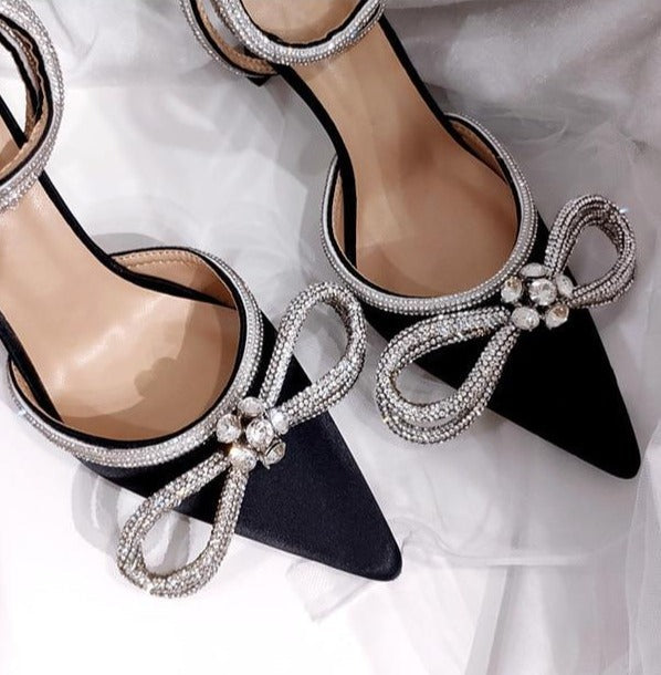 Double Bow Crystal Embellished Satin Pointed Toe Heels