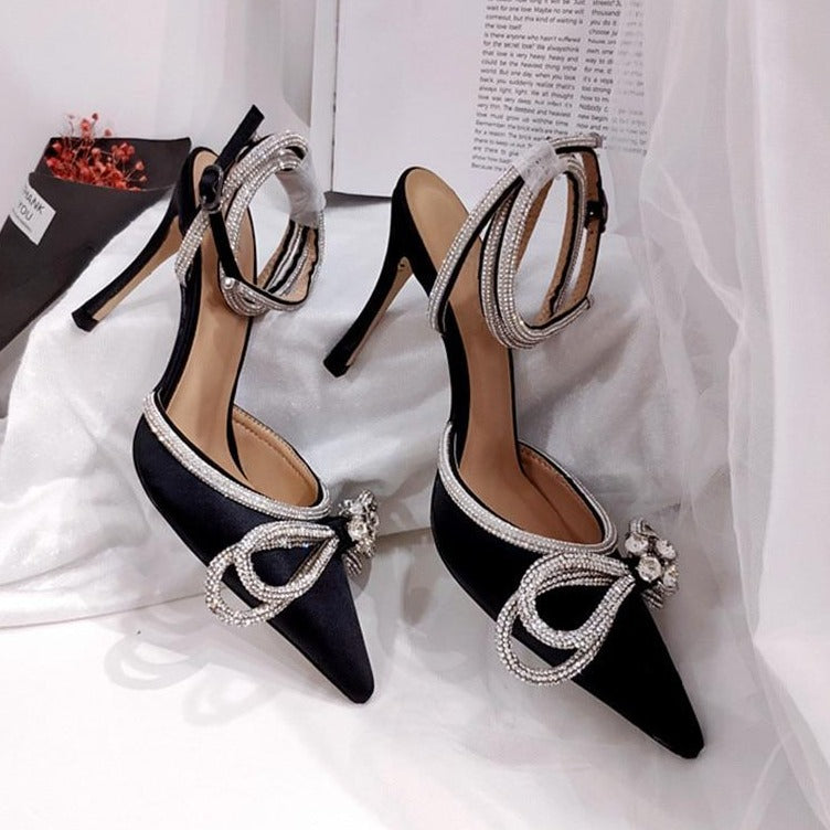 Double Bow Crystal Embellished Satin Pointed Toe Heels