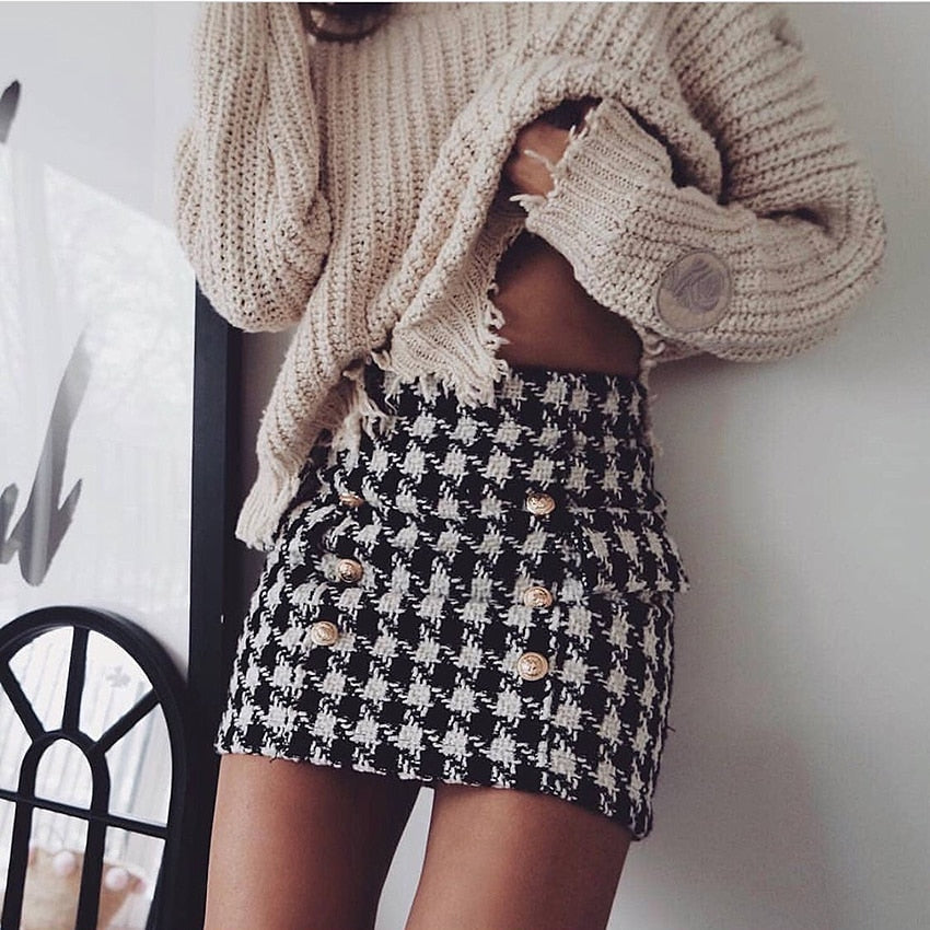 Houndstooth Tweed Gold Button Skirt